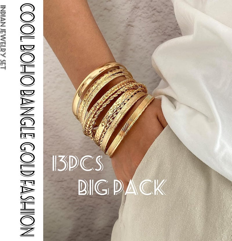 17IF Gold Bangle Bracelet For Women, 14k Multilayer Charm Textured Stackable Bracelets Boho Indian Chunky Cuff Fashion Jewelry Gift - Image 3